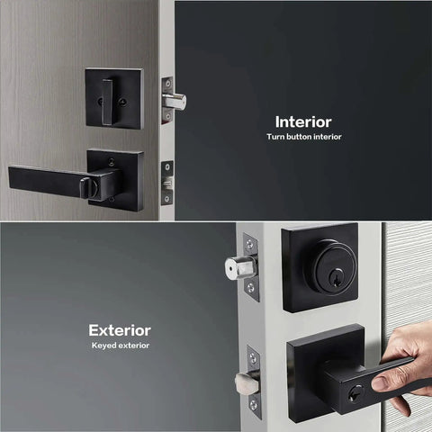 Matte Black 3 Pack Exterior Door Lock Set With Deadbolt And Front Door Handle Set Keyed Alike shown on interior and exterior doors