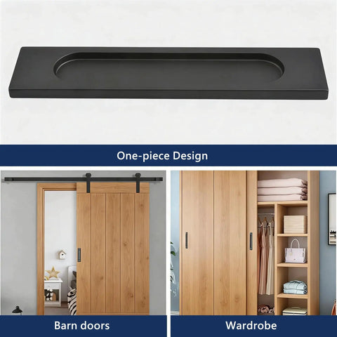 Self Stick Rectangular Sliding Door Pulls Two Piece Set Matte Black Aluminum Flush Handles No Drill for Barn Doors Cabinets