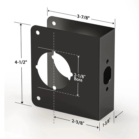 Matte Black Door Reinforcement Plate strengthens 1-3/8 inch doors by reinforcing around the latch and deadbolt with heavy duty stainless steel