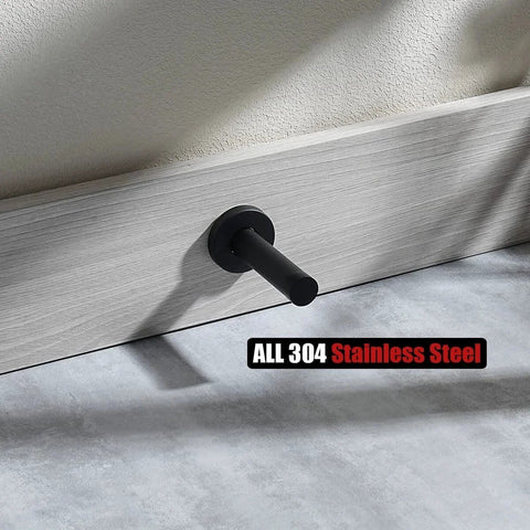 Matte black 304 stainless steel door stopper installed on wall. Door Stopper Black, 304 Stainless Steel Thicken 1mm Sound Dampening Door Stop Bumper Wall Protetor 2 Pack, Matte Black, DSB5-PB-P2.
