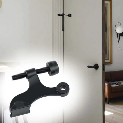 Matte Black Hinge Pin Door Stopper Set 12 Pack Heavy Duty Adjustable Door Stops with cushioned plastic bumper tips installed on white door