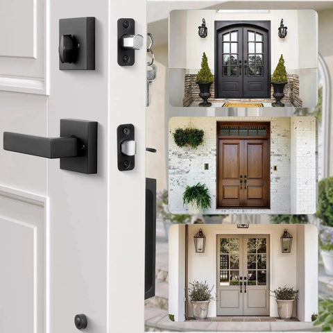 Matte Black Double Door Handle Set With Keyed Deadbolt And Dummy Lever for double doors shown on various entrance styles