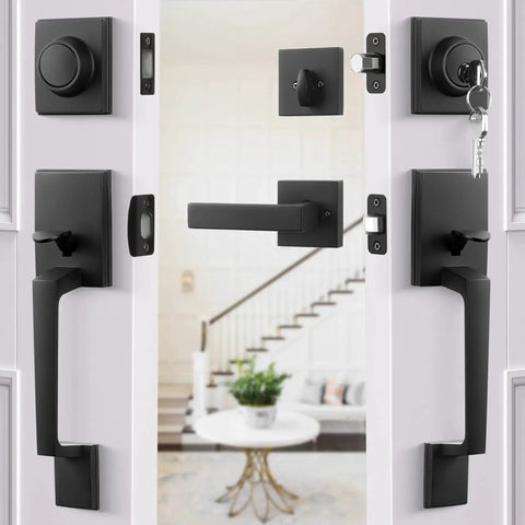 Matte Black Double Door Handle Set With Keyed Deadbolt And Dummy Lever For Double Doors Heavy Duty Front Door Hardware