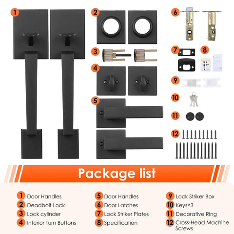 Package list for Matte Black Double Door Handle Set With Keyed Deadbolt And Dummy Lever For Double Doors showing components.