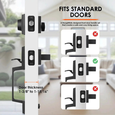 Matte Black Double Door Handle Set With Keyed Deadbolt And Dummy Lever For Double Doors showing installation on standard doors