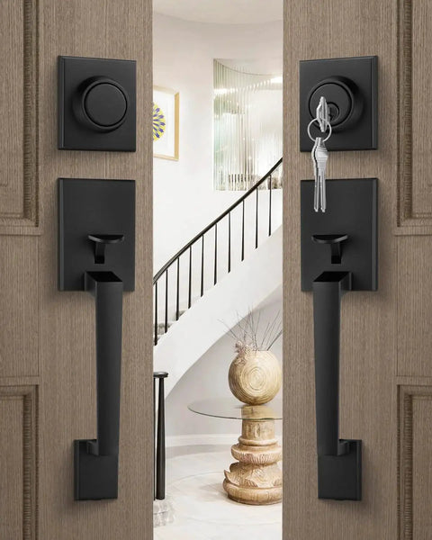Matte Black Double Front Door Lock Set With Reversible Lever Handle And Dummy Exterior installed on wooden double doors.
