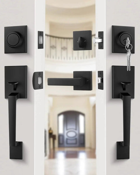 Matte Black Double Front Door Lock Set With Reversible Lever Handle And Dummy Exterior for modern entry doors installation.