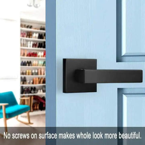 4 Pack Matte Black Dummy Door Handles For Interior Doors Non Turning No Lock Lever Set on blue door with closet view