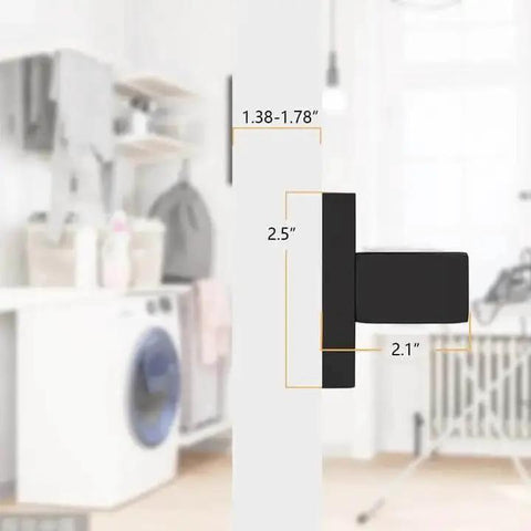 Dimensions of 4 Pack Matte Black Dummy Door Handles for Interior Doors, non-turning zinc alloy, ideal for closets, shown in a modern room.