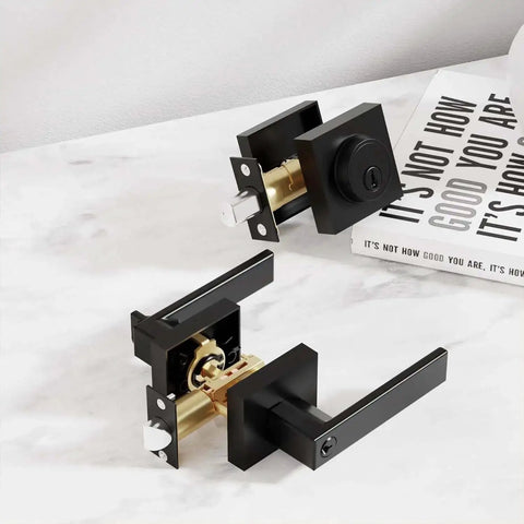 Keyed Alike Heavy Duty Exterior Front Door Lock Set With Entry Door Handle And Single Cylinder Deadbolt Reversible Matte Black Display