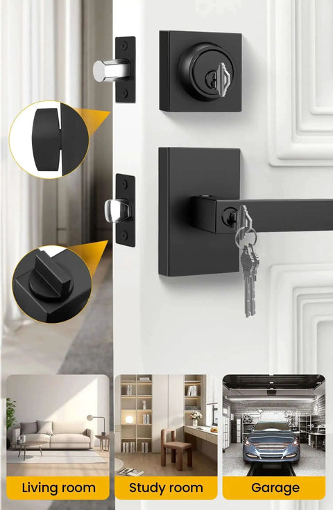 Matte Black Exterior Front Door Lock Set With Deadbolt Square Contemporary Design shown on a white door, keys inserted.