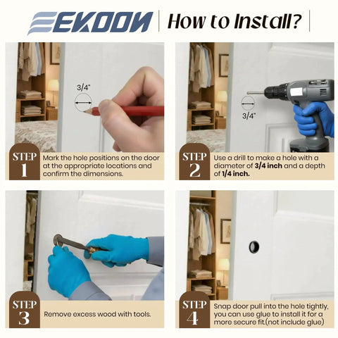 Step-by-step installation of 12 Pack Finger Pulls For Cabinets And Doors In Matte Black, 3/4 round pocket door handles.