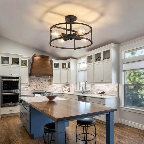 Industrial Semi Flush Mount Ceiling Light Four Light Rustic Metal Fixture In Matte Black above kitchen island.