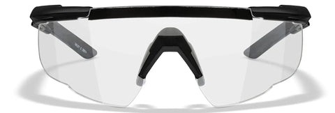 Front view of matte black frames shooting glasses with ANSI Z87 safety and changeable lenses, featuring clear ballistic lenses.