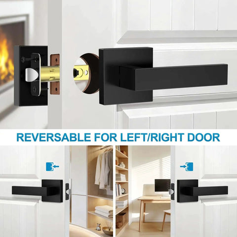 10 Pack Matte Black Interior Door Handles and Passage Door Levers installed on white door, reversible for left/right use