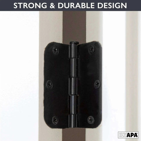 Close-up of matte black interior door hinge installed, featuring 18 Pack Matte Black Interior Door Hinges 3 1/2 By 3 1/2 Inches With 5/8 Radius Corners For Doors, Closets, And Bathrooms — Sturdy, Smooth-Swing Hinges For Home, Cabinets, Wardrobe Projects.