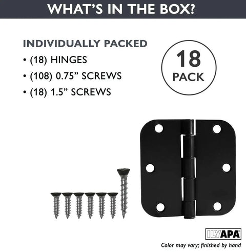 18 Pack Matte Black Interior Door Hinges 3 1/2 By 3 1/2 Inches With 5/8 Radius Corners, screws included