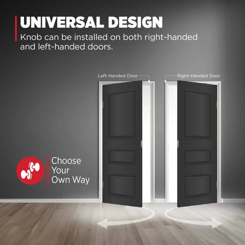 Non Locking Matte Black Interior Passage Door Knob With Microban Protection shown on left and right-handed doors