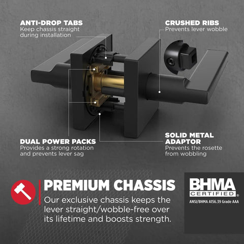 Non-locking interior passage lever provides secure, convenient access for closets and hallways, reversible for left or right doors, matte black finish with Microban protection for lasting cleanliness and smooth operation, displayed with premium chassis features and BHMA certification.