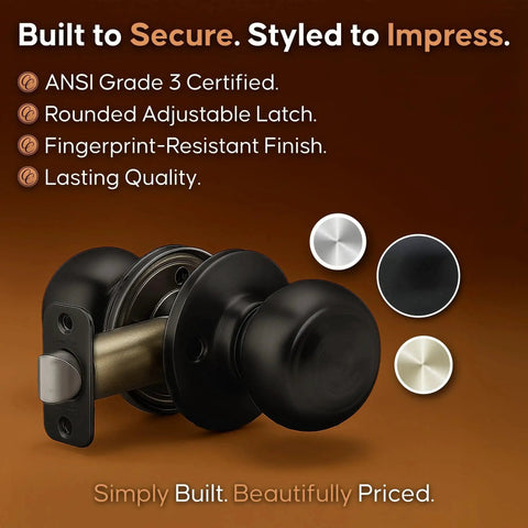 Matte Black interior passage door knob with ANSI Grade-3 certification, all-metal chassis, reversible for 1-3/4 inch doors, easy to install and includes latch.