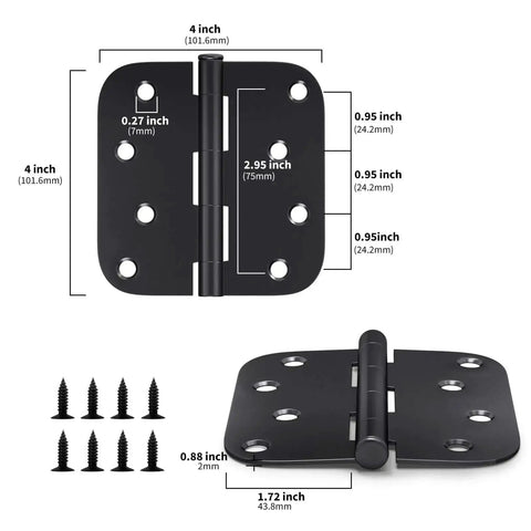 Dimensions and details of Sturdy Matte Black Iron Door Hinges Pack Of 3 For Interior And Exterior Doors 4 Inch By 4 Inch With Five Eighths Inch Radius Corners Heavy Duty Reversible Hinge Set With Screws Easy Install And Strong Hold