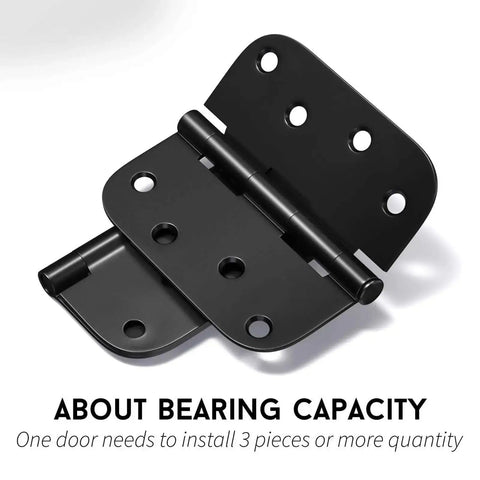 Close-up of a sturdy matte black iron door hinge with 5/8 inch radius corners. Sturdy Matte Black Iron Door Hinges Pack Of 3 For Interior And Exterior Doors.