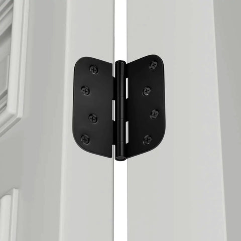 Sturdy Matte Black Iron Door Hinges Pack Of 3 For Interior And Exterior Doors 4 Inch By 4 Inch With Five Eighths Inch Radius Corners Installed