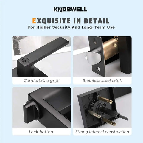Close-up of matte black exterior door handle set with keyed entry lever showing details of grip, latch, button, and construction.
