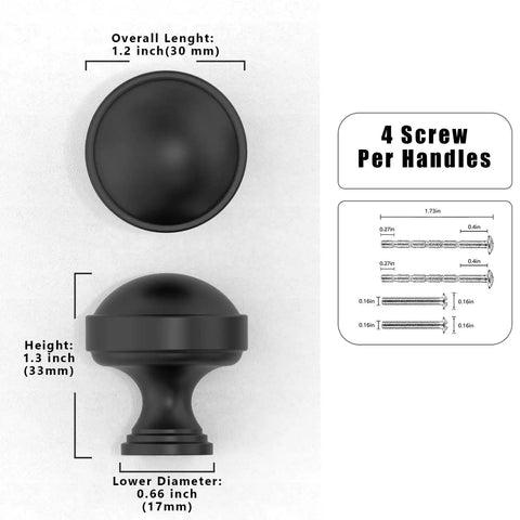 Diagram showing measurements of 10 Pack Matte Black Kitchen Cabinet Knobs 1 1/5 Inch 30mm Cabinet Pulls, including screw details.