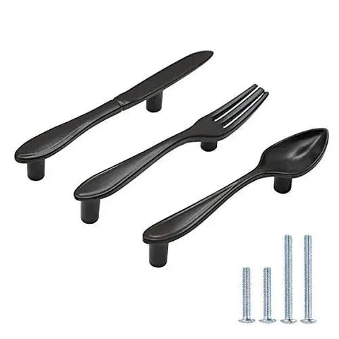 3 Pack Kitchen Cabinet Pulls Set Spoon Knife Fork Shaped Door Handles Matte Black Zinc Alloy 3 Inch Center To Center Mounting Holes