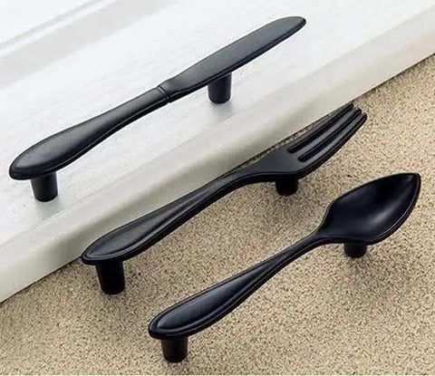 3 Pack Kitchen Cabinet Pulls Set Spoon Knife Fork Shaped Door Handles Matte Black Zinc Alloy 3 Inch Center To Center Mounting