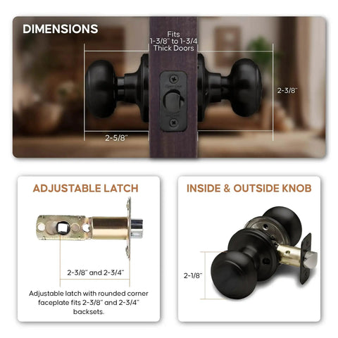 Matte Black interior passage door knob with ANSI Grade-3 certification, all-metal chassis, reversible for 1-3/4 inch doors