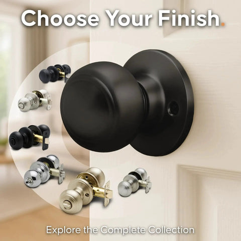 Matte Black interior passage door knob with ANSI Grade-3 certification installed on door, collection showcase