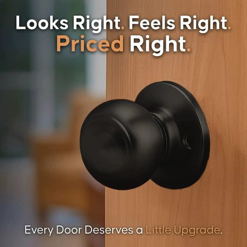 Matte Black interior passage door knob with ANSI Grade-3 certification installed on a wooden door, all-metal chassis, reversible for 1-3/4 inch doors.