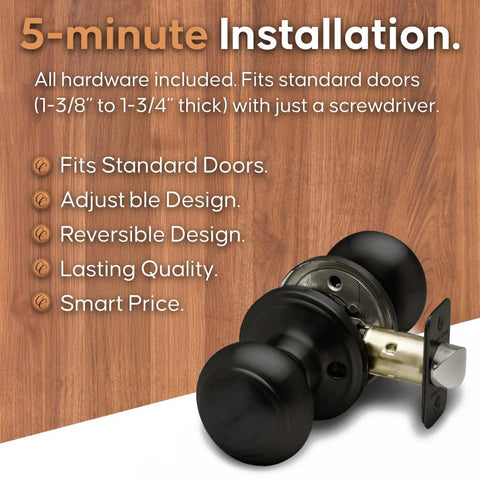 Matte Black interior passage door knob with ANSI Grade-3 certification, all-metal chassis, reversible for 1-3/4 inch doors