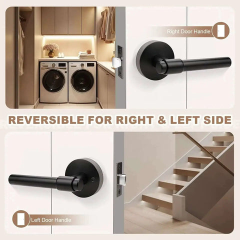 Black Passage Door Handles Three Pack Heavy Duty Reversible Non Locking Lever For Interior Doors Ideal For Hallways And Closets With Adjustable Latch And Smooth Operation Easy Install displayed on right and left side
