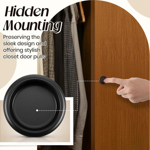 2-pack round recessed finger pull in matte black with snap-in installation shown on closet door displaying sleek design