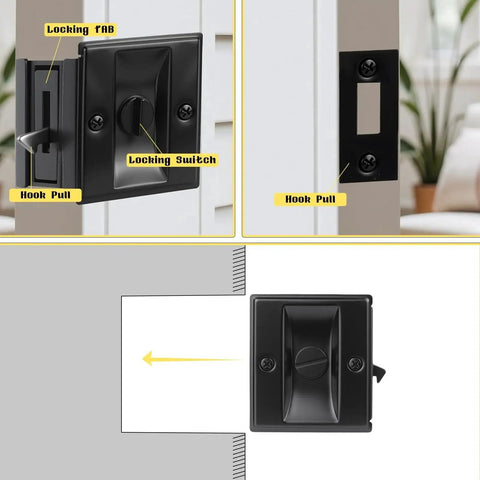 Pocket Door Lock With Privacy Latch In Matte Black Flush Mount Sliding Door Handle With Pull, Heavy Duty Stainless Steel Hardware For Bedroom And Bathroom