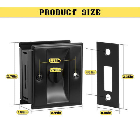 Pocket Door Lock With Privacy Latch In Matte Black Flush Mount Sliding Door Handle With Pull, Heavy Duty Stainless Steel Hardware dimensions