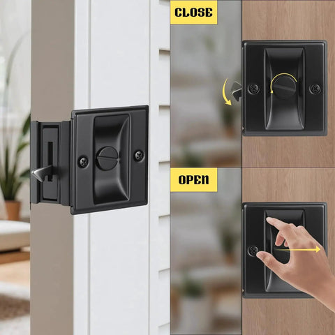 Pocket Door Lock With Privacy Latch In Matte Black Flush Mount Sliding Door Handle With Pull, shown in open and closed positions