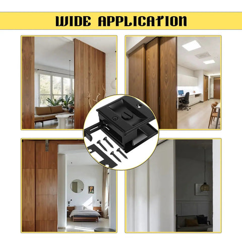 Pocket Door Lock With Privacy Latch in Matte Black Flush Mount Sliding Door Handle with Pull for bedrooms and bathrooms.