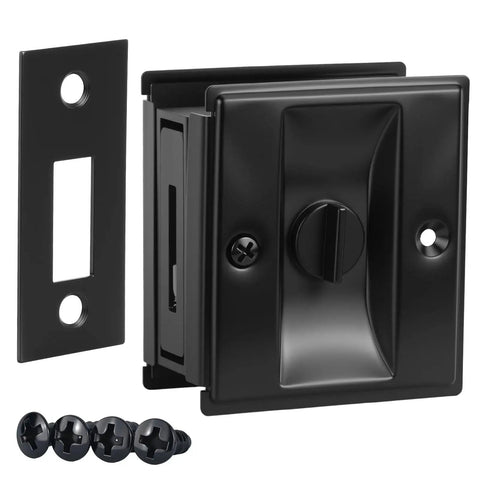 Pocket Door Lock With Privacy Latch In Matte Black Flush Mount Sliding Door Handle With Pull, Heavy Duty Stainless Steel Hardware For Bedroom And Bathroom
