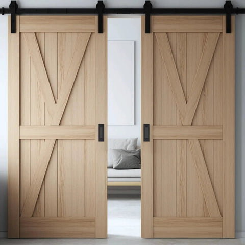 Matte Black Stainless Steel Pocket Door Pull And Edge Pull Set installed on wooden barn doors