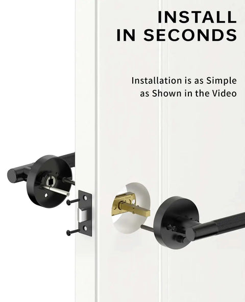Installing Privacy Door Handles With Lock 4 Pack Matte Black Interior Door Levers For Bedroom Or Bathroom shown on a white door.