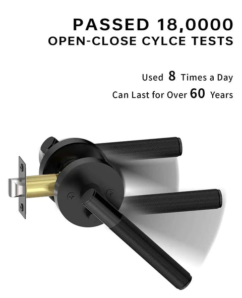 Privacy Door Handles With Lock 4 Pack Matte Black Interior Door Levers close-up, emphasizing durability and keyless design.