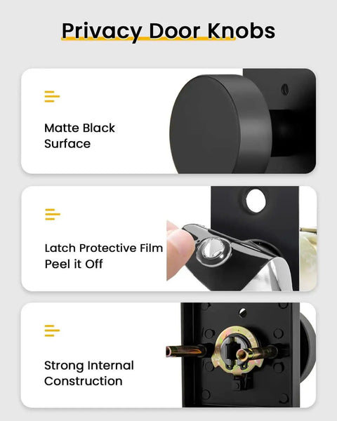 Diagram of Privacy Door Knobs Matte Black Set For Interior Doors highlighting features like matte black finish and strong construction.