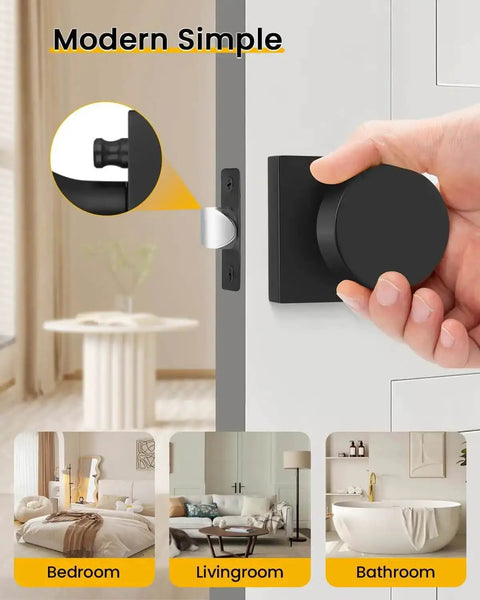 Close-up of Privacy Door Knobs Matte Black Set For Interior Doors being installed in a modern bathroom setting.