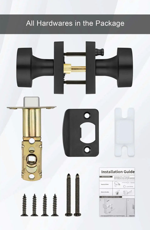 Privacy Door Knobs Matte Black Set For Interior Doors with hardware, latches, and installation guide visible