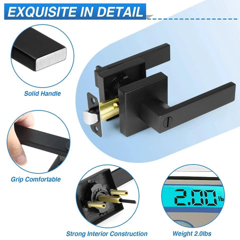 Six Pack Matte Black Privacy Door Levers with robust zinc alloy construction and brass components, showing solid handle and parts.