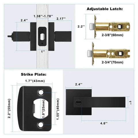 Dimensions and components of Privacy Door Levers Set In Matte Black Finish, including latch and strike plate, keyless handles for interior doors.